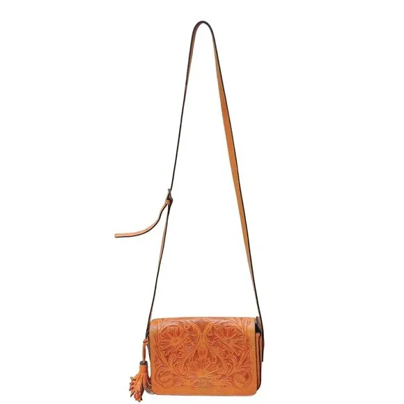 Vintage Bolsa Canela Embossed Leather Crossbody Bag With Floral Design - Picture 2 of 9